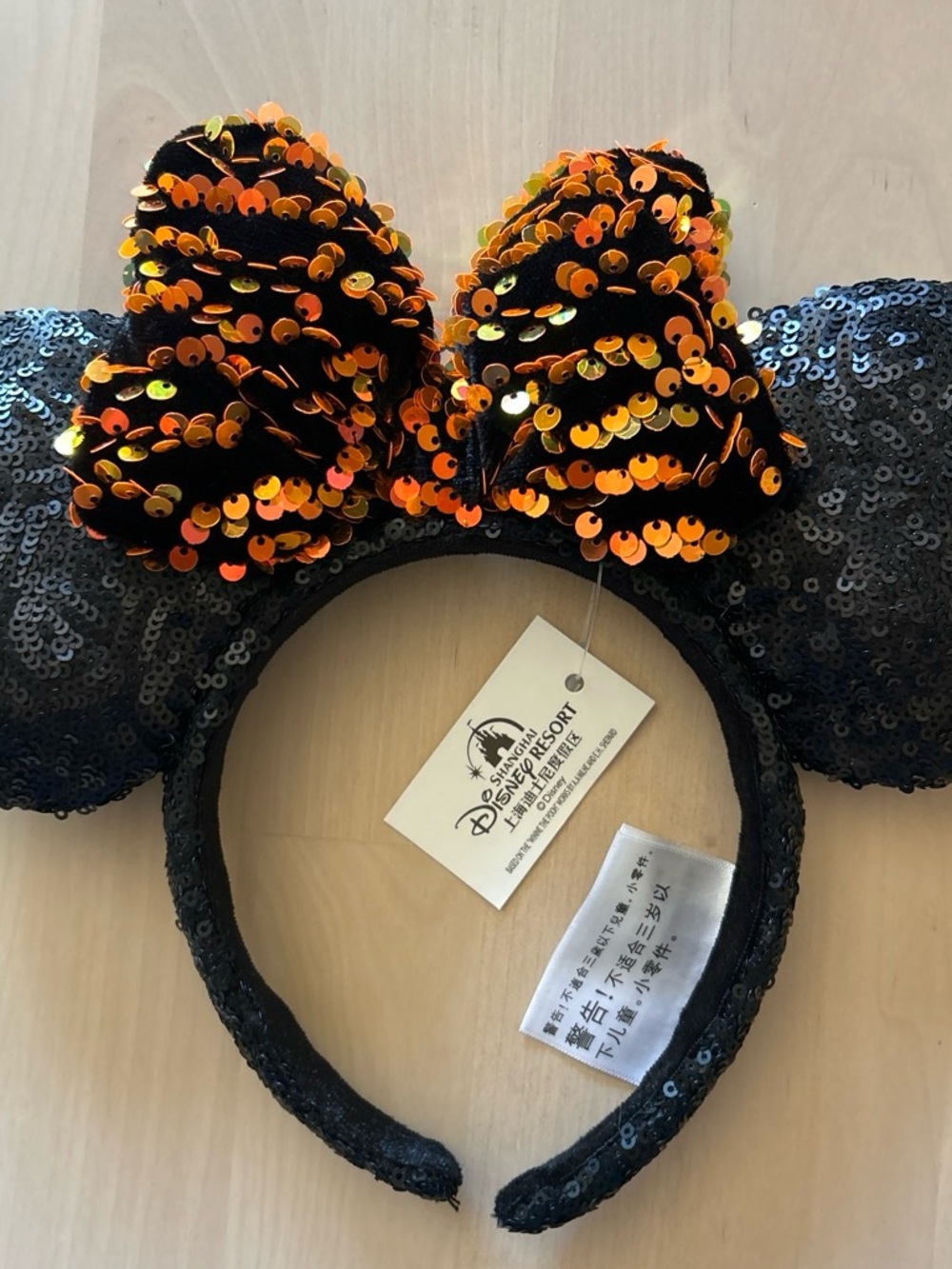 Disney Black Sequin Minnie Ears Headband with Orange Sequin Bow
